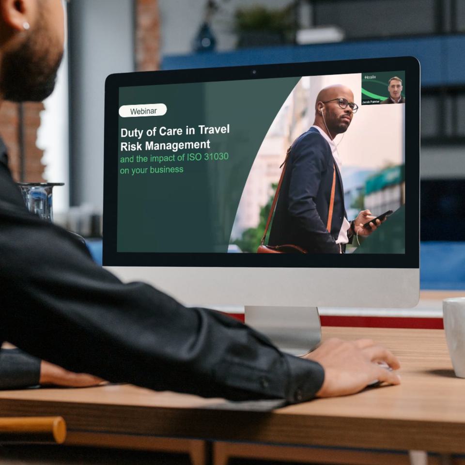 Mockup of the 'Duty of Care in Travel Risk Management' Webinar, featuring a panel of experts discussing key topics on traveller safety and risk management