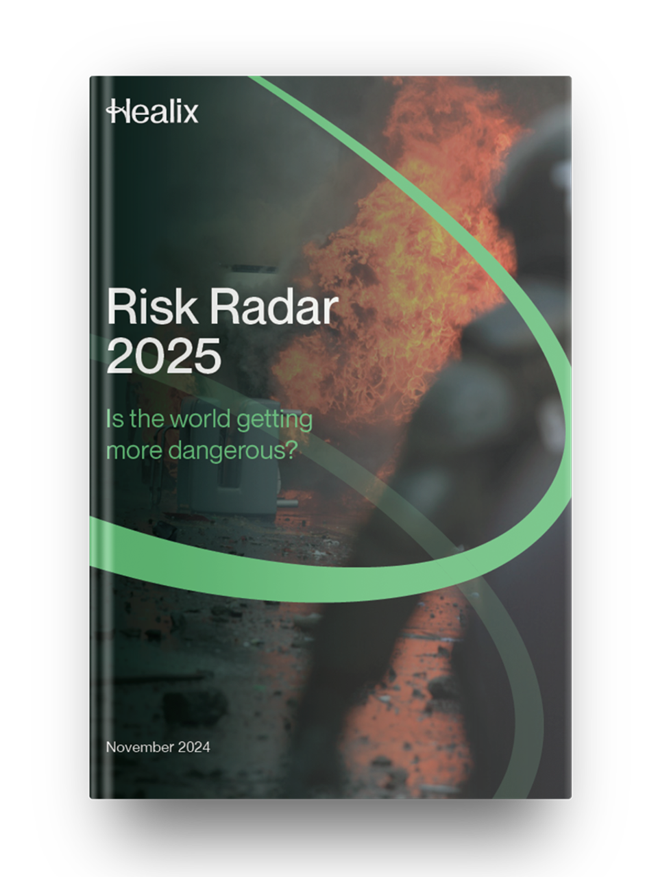 Mockup of the cover for the Healix Risk Radar Report 2025, a focus on security and risk management themes